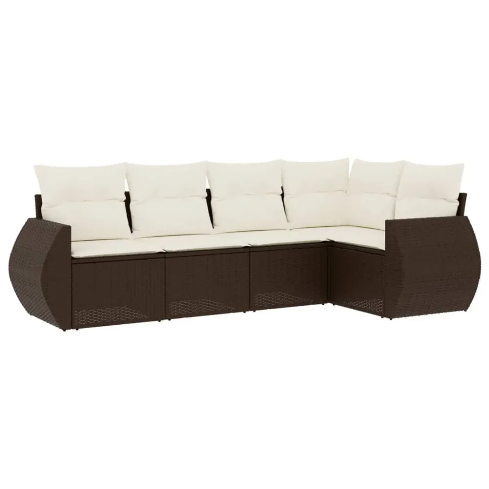 5 pcs conjunto sofás para jardim com almofadões vime PE castanho para Relaxamento ao Ar Livre