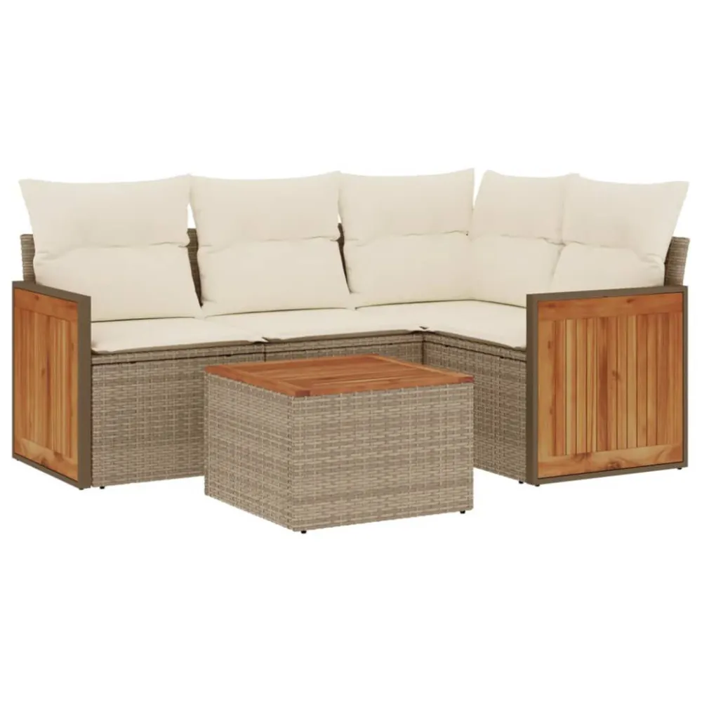 5 pcs conjunto de sofás para jardim com almofadões vime PE bege Dobrável e Portátil