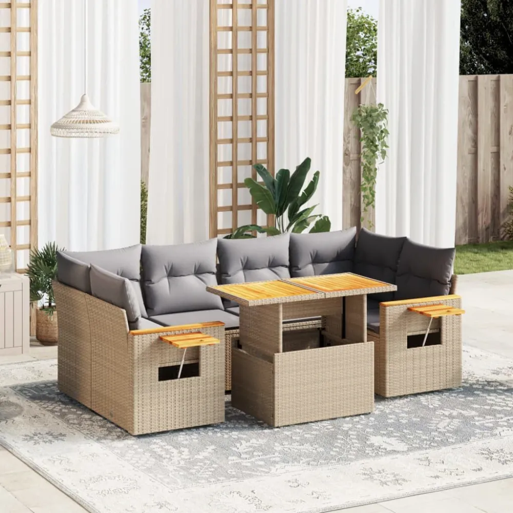 7 pcs conjunto de sofás para jardim com almofadões vime PE bege com Estrutura em Alumínio