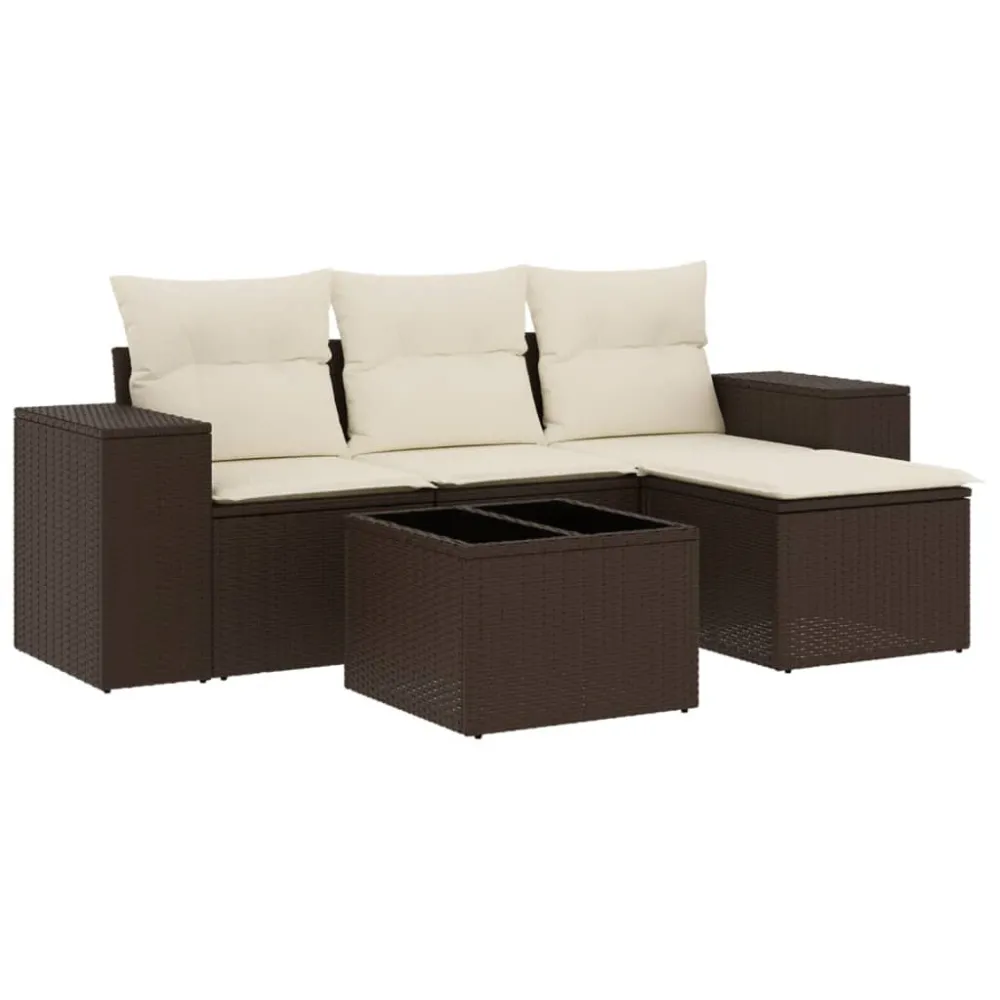 5 pcs conjunto sofás para jardim com almofadões vime PE castanho em Ferro Forjado