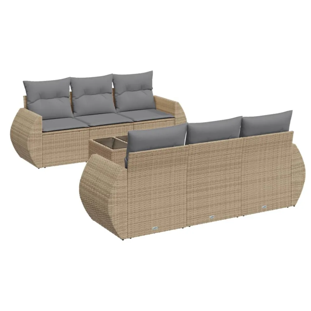 7 pcs conjunto de sofás para jardim com almofadões vime PE bege com Almofada Inclusa