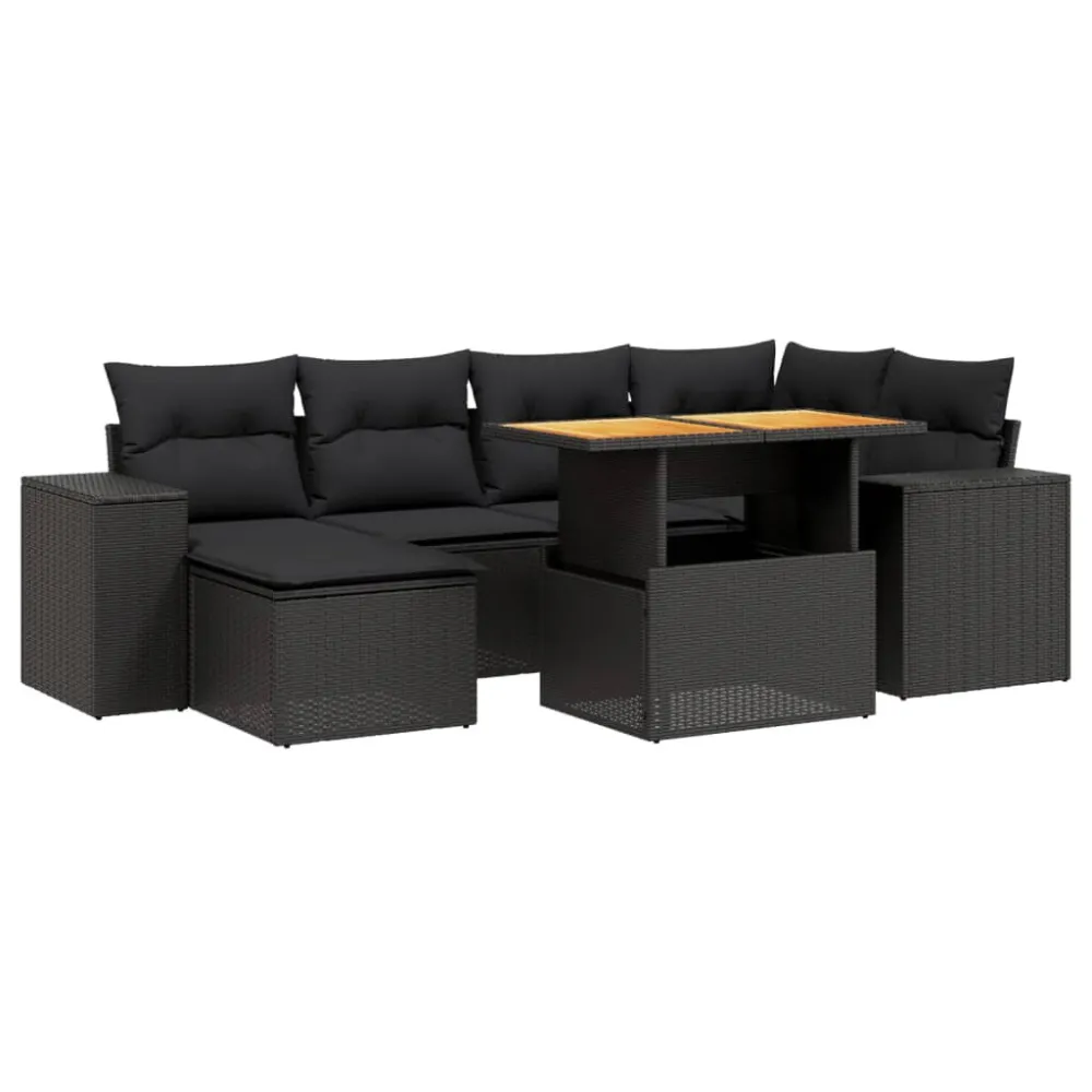 7 pcs conjunto de sofás para jardim com almofadões vime PE preto para Relaxamento ao Ar Livre
