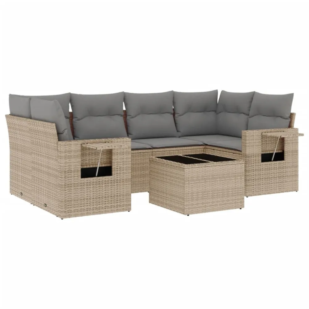 7 pcs conjunto de sofás para jardim com almofadões vime PE bege Dobrável e Portátil