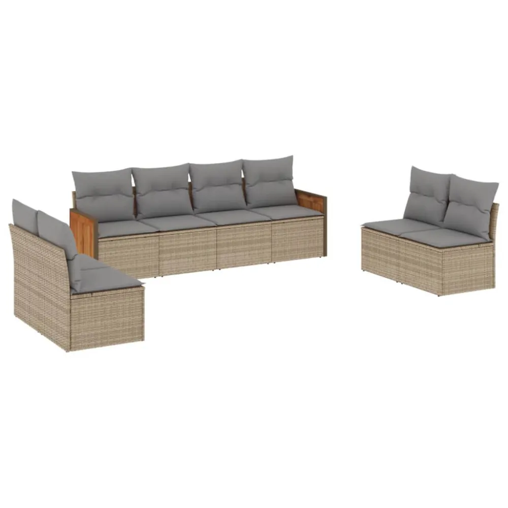8 pcs conjunto de sofás para jardim com almofadões vime PE bege Dobrável e Portátil