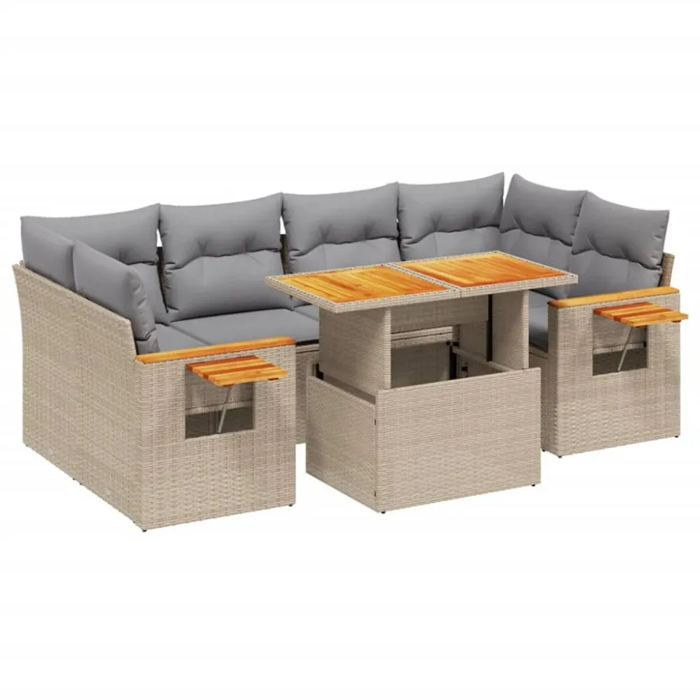 7 pcs conjunto de sofás para jardim com almofadões vime PE bege com Estrutura em Alumínio