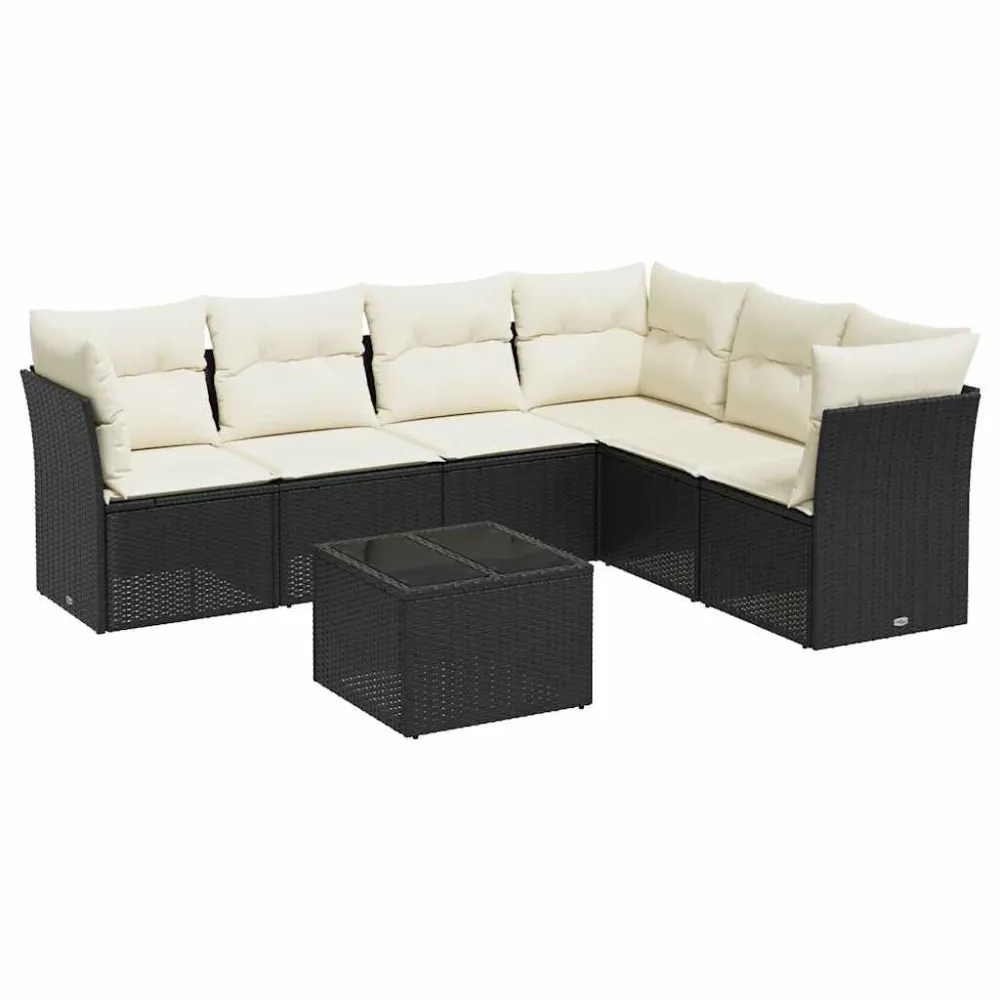 7 pcs conjunto de sofás para jardim com almofadões vime PE preto em Ferro Forjado