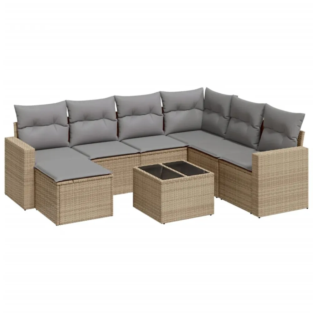 8 pcs conjunto de sofás para jardim com almofadões vime PE bege Dobrável e Portátil