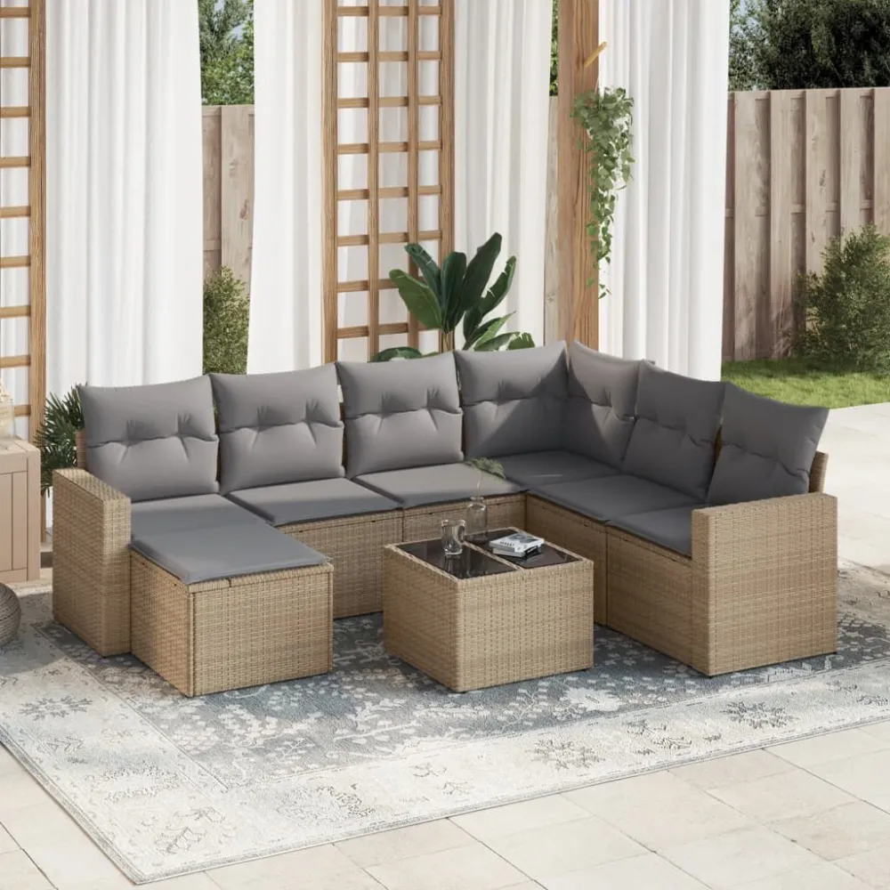 8 pcs conjunto de sofás para jardim com almofadões vime PE bege Dobrável e Portátil