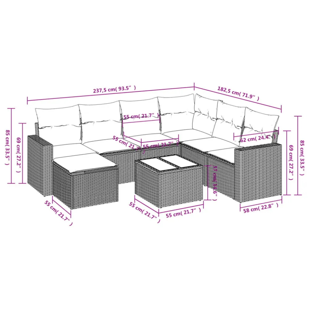8 pcs conjunto de sofás para jardim com almofadões vime PE bege Dobrável e Portátil