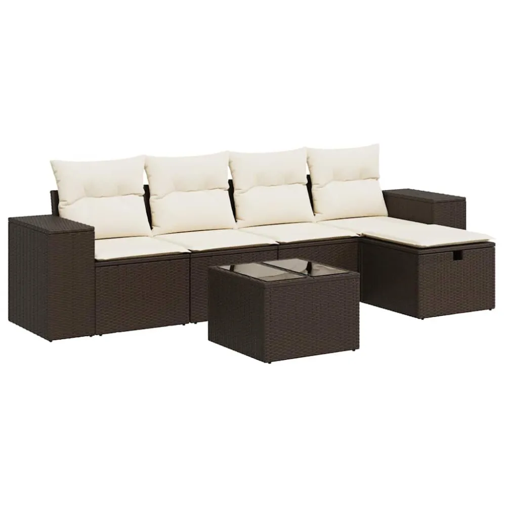 5 pcs conjunto sofás para jardim com almofadões vime PE castanho com Encosto Ajustável