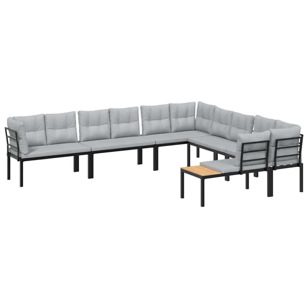 6 pcs sofás de jardim com almofadões ço revestido pó preto | Montagem Fácil e Rápida