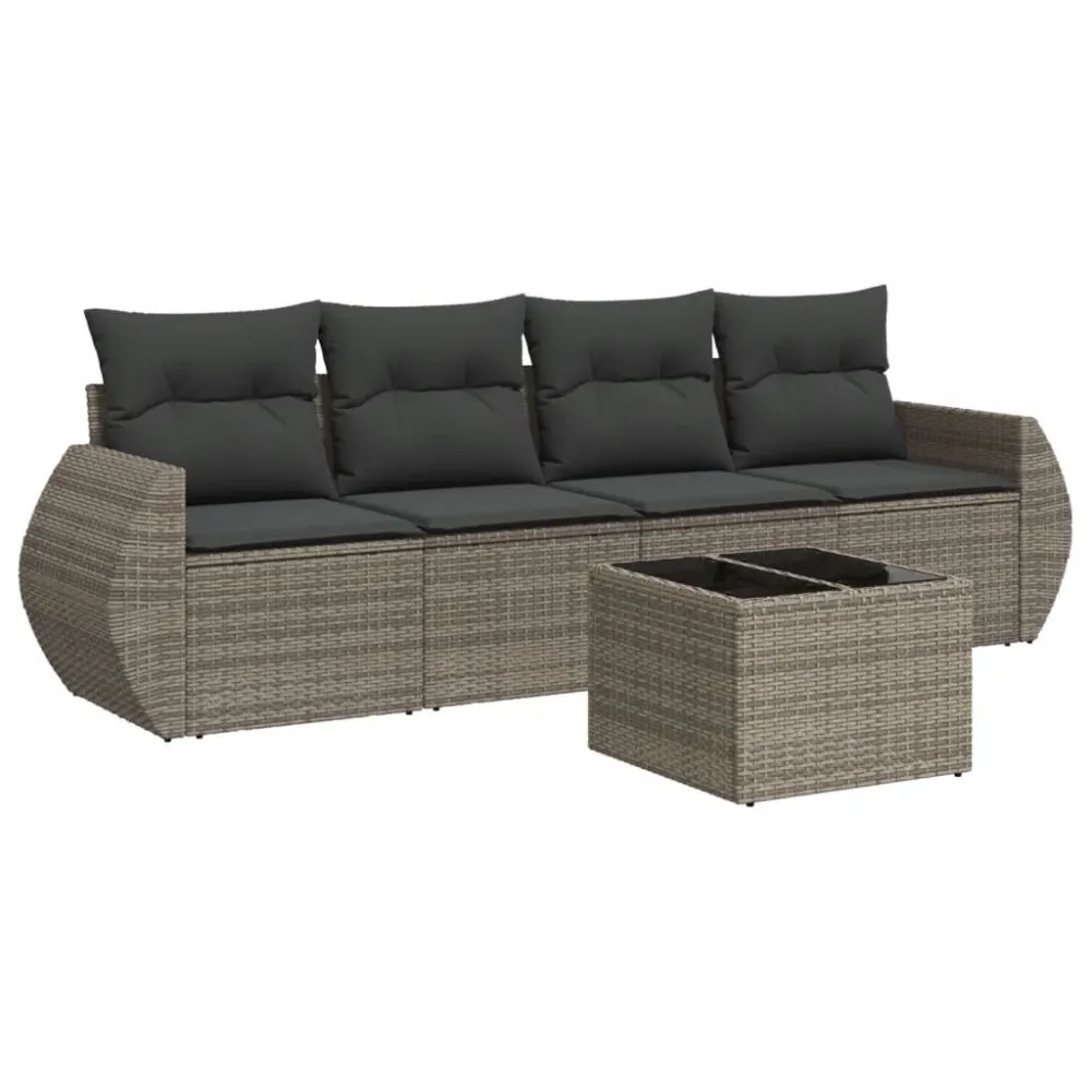 Poltrona de Rattan 5 pcs conjunto sofás de jardim com almofadões vime PE cinzento