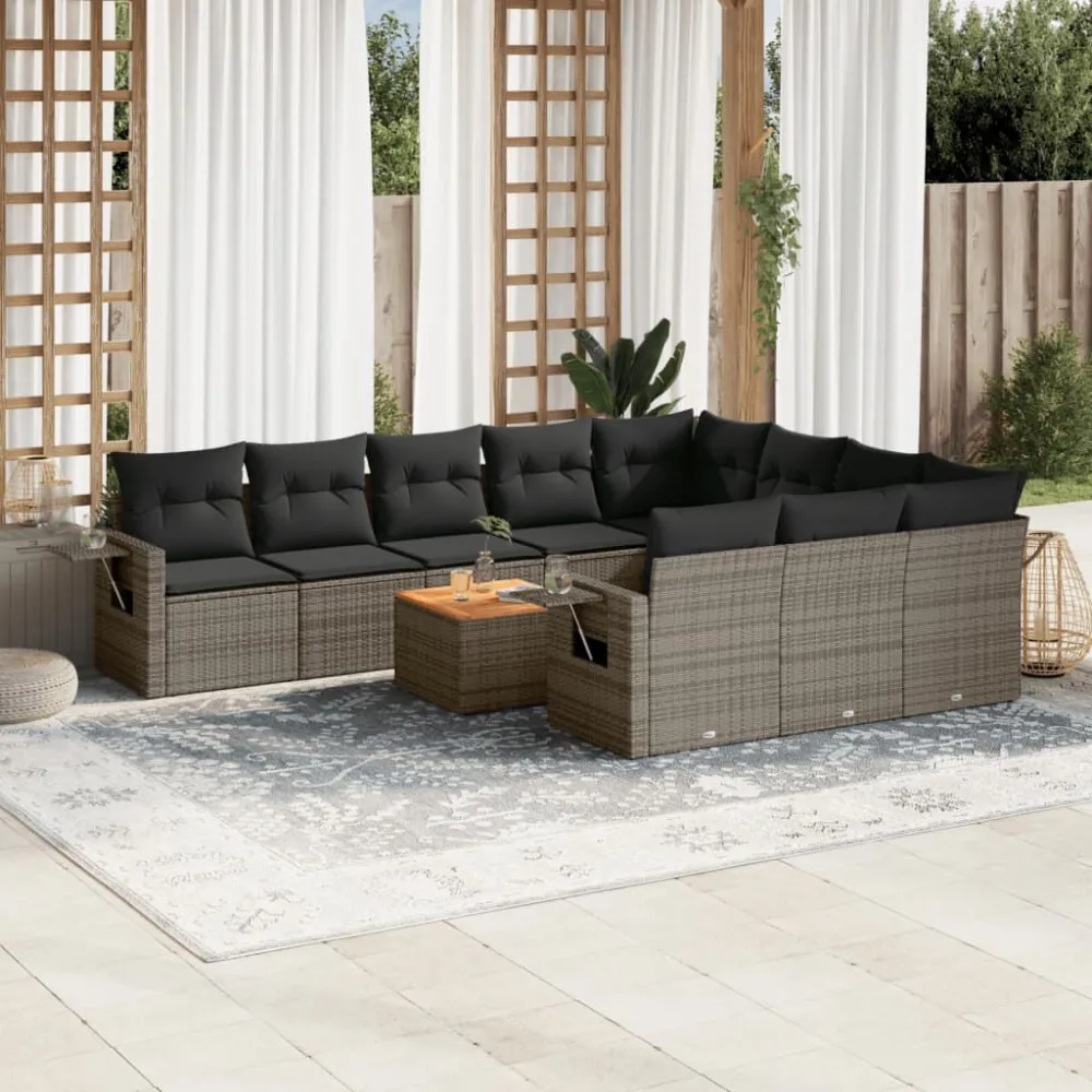 Poltrona de Rattan 11 pcs conjunto sofás de jardim com almofadões vime PE preto