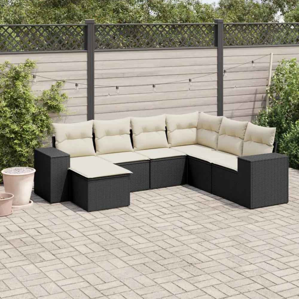 Poltrona de Rattan 7 pcs conjunto de sofás para jardim com almofadões vime PE preto