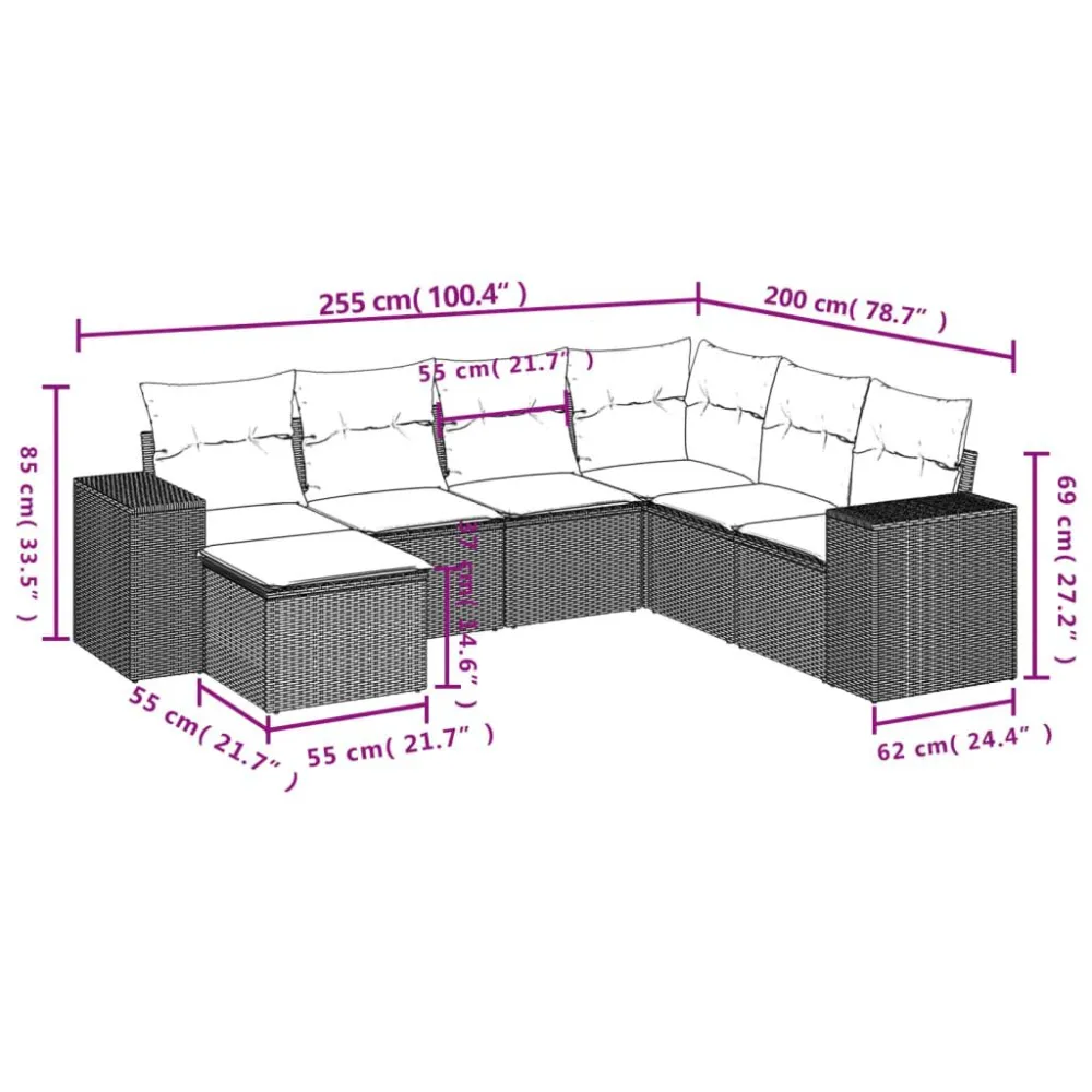Poltrona de Rattan 7 pcs conjunto de sofás para jardim com almofadões vime PE preto