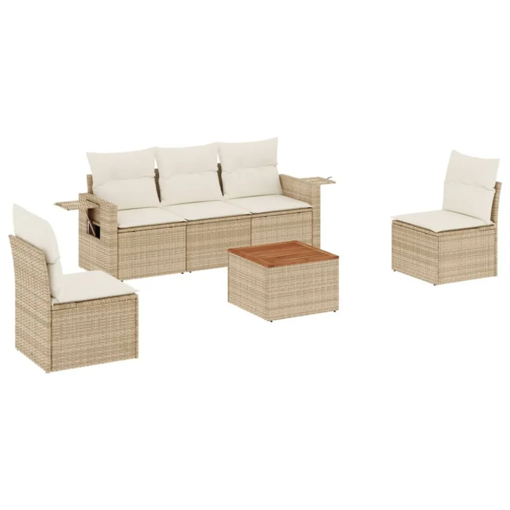 Poltrona de Rattan 6 pcs conjunto de sofás para jardim com almofadões vime PE bege