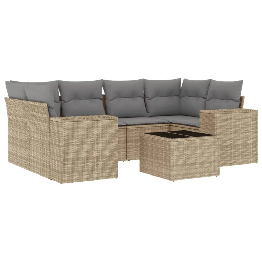 Poltrona de Rattan 7 pcs conjunto de sofás para jardim com almofadões vime PE bege