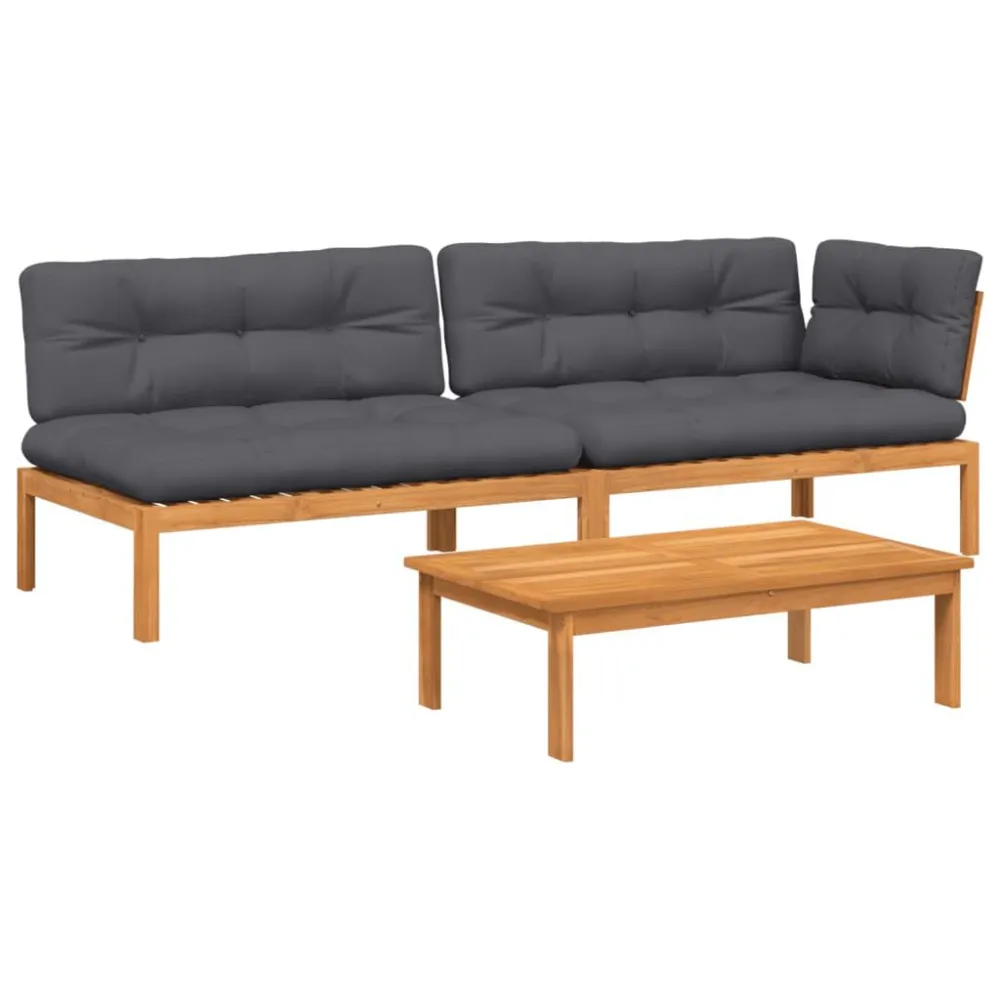 Poltrona de Rattan 3 pcs móveis de paletes para jardim com almofadões acácia maciç