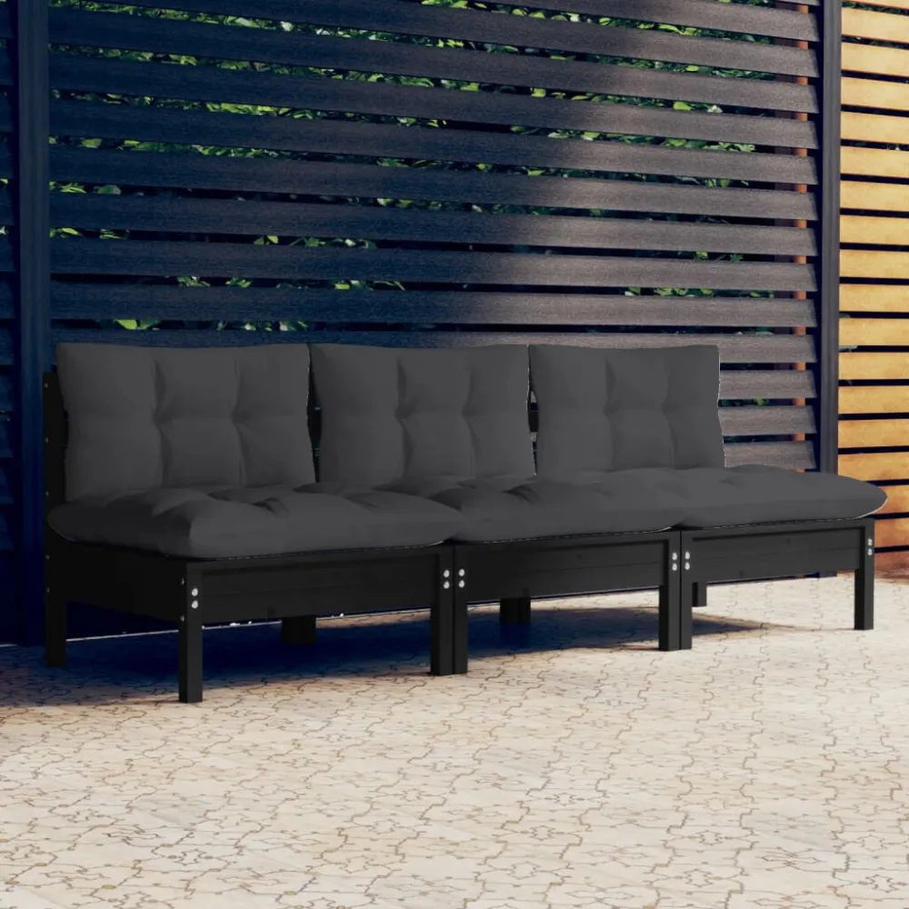 Poltrona de Rattan Sofá de jardim 3 lugares com almofadões antracite pinho maciço