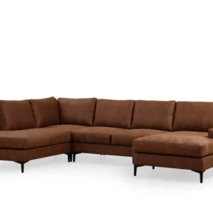Poltrona de Rattan Sofá panorâmico com chaise longue à direita Vickie Tecido Efeito de couro marrom