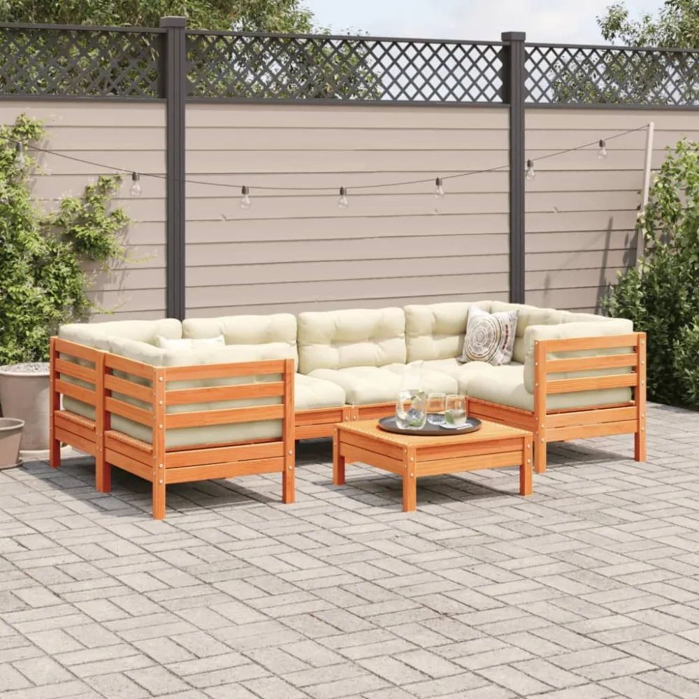 Puf de Exterior 7pcs conj. sofás jardim com almofadões pinho maciço castanho mel