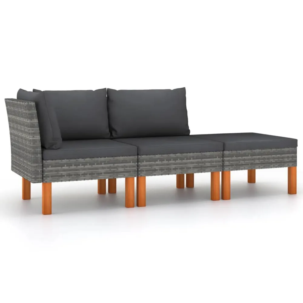 Puf de Exterior 3 pcs conj. lounge jardim vime PE e madeira de eucalipto maciç