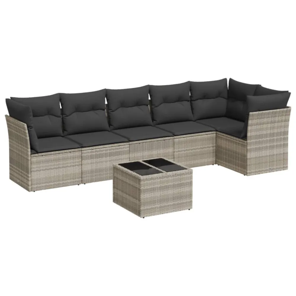 Puf de Exterior 7 pcs conj. sofás jardim com almofadões vime PE cinzento-claro