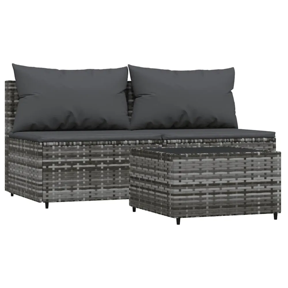 Puf de Exterior 3 pcs conjunto lounge de jardim com almofadões vime PE cinzento