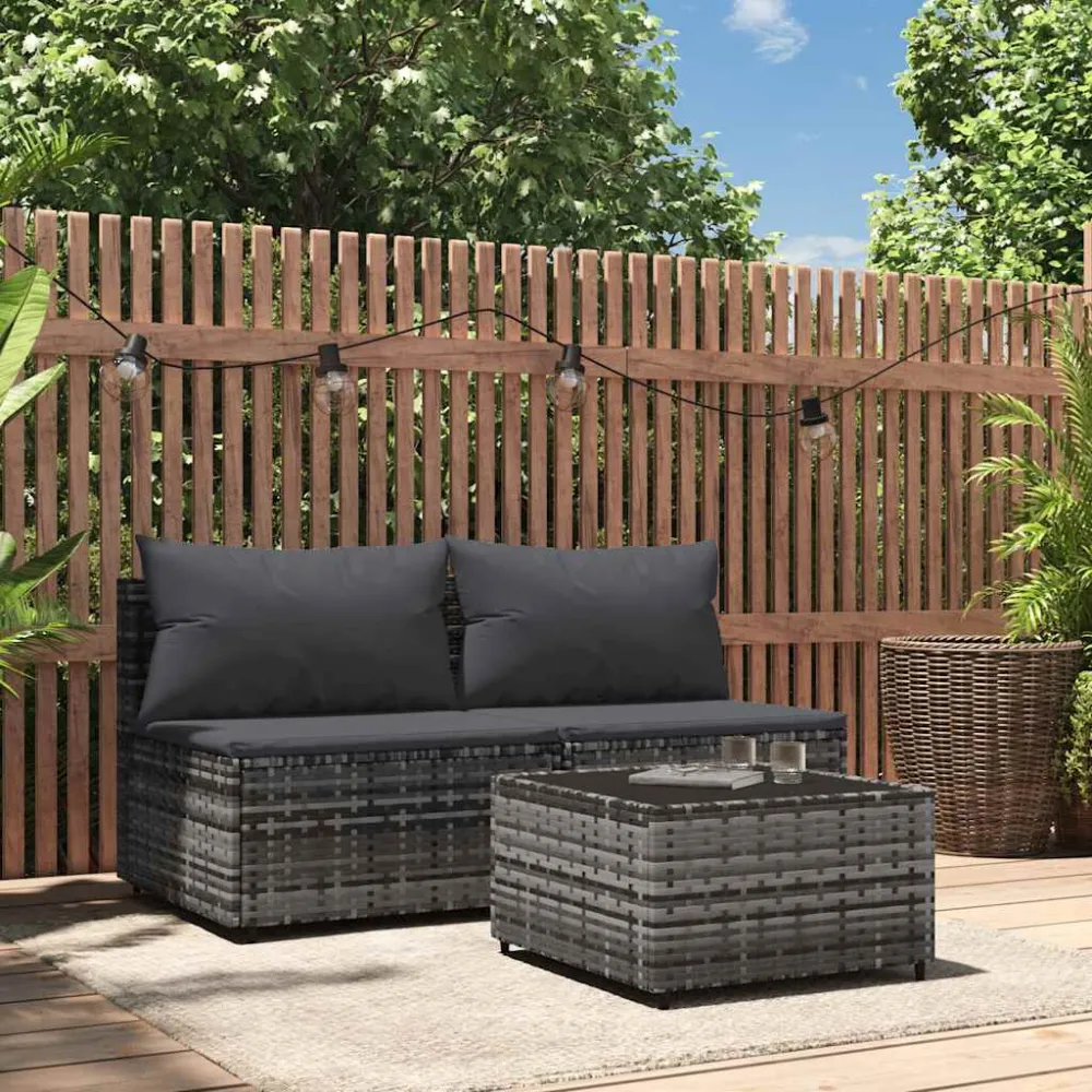 Puf de Exterior 3 pcs conjunto lounge de jardim com almofadões vime PE cinzento
