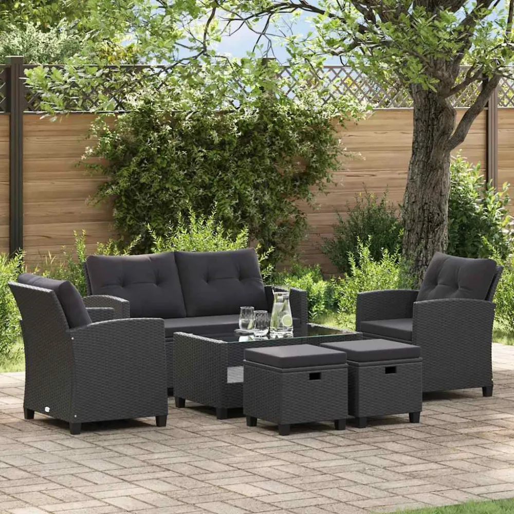 Puf de Exterior 6 pcs conjunto sofás de jardim com almofadões vime PE preto