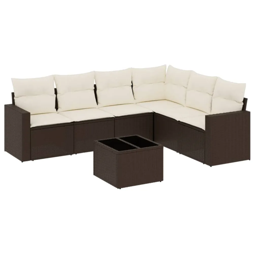 Puf de Exterior 7 pcs conjunto de sofás jardim com almofadões vime PE castanho