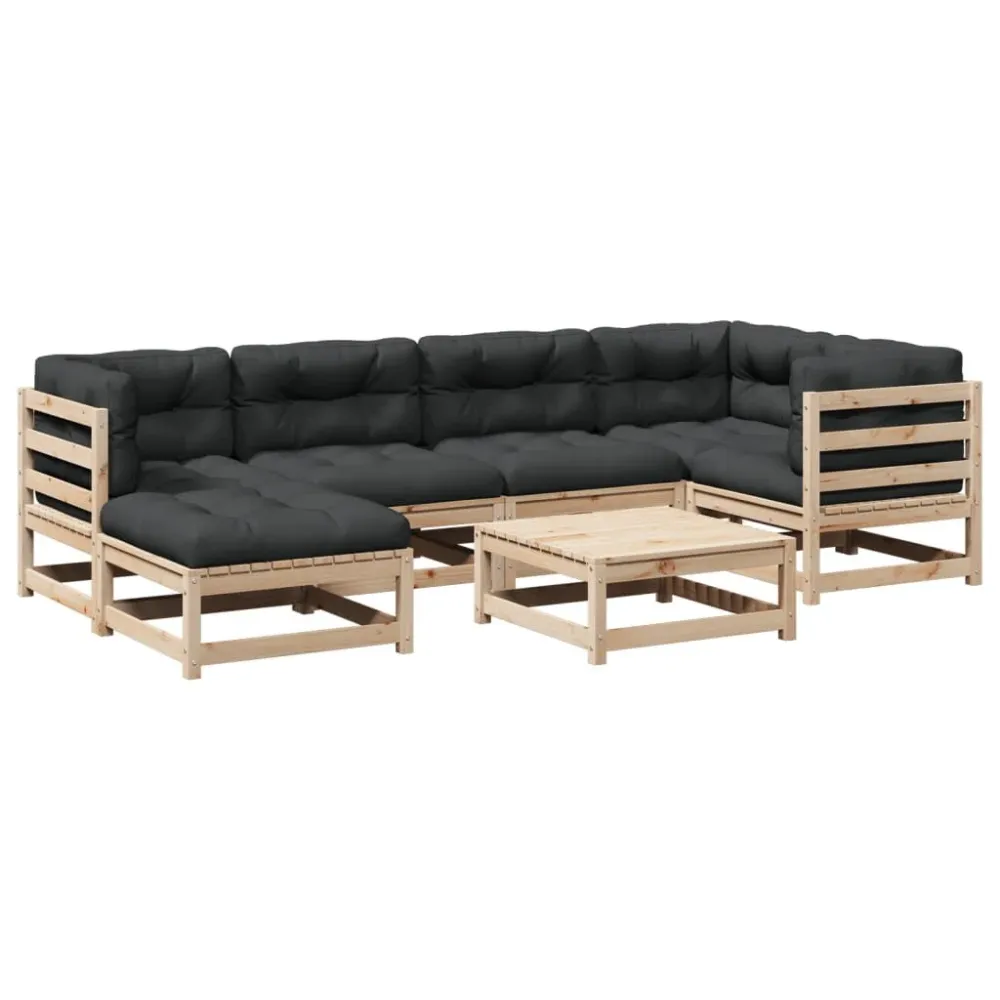 Puf de Exterior 7 pcs conjunto sofás de jardim com almofadões pinho maciço