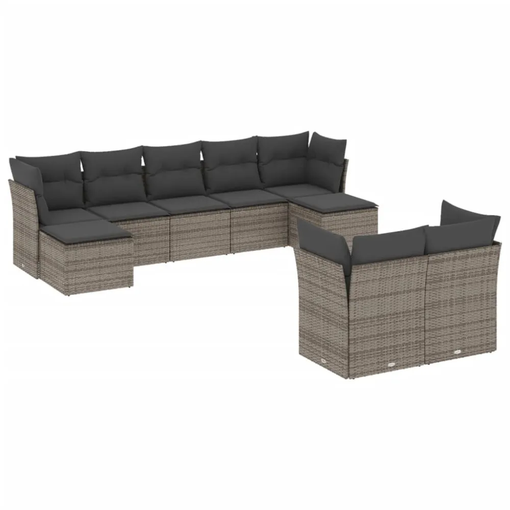 Puf de Exterior 9 pcs conjunto sofás para jardim com almofadões vime PE cinzento