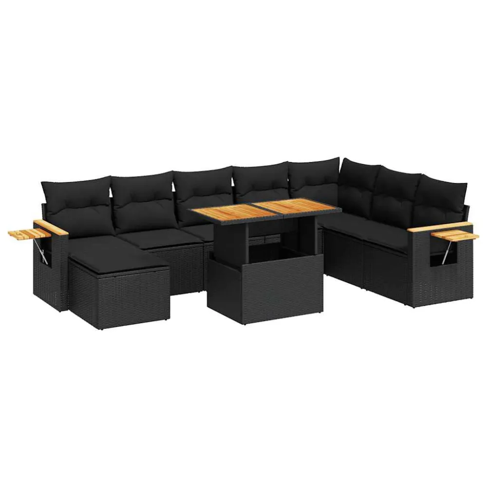 Puf de Exterior 9 pcs conjunto sofás para jardim almofadões vime PE/acácia preto