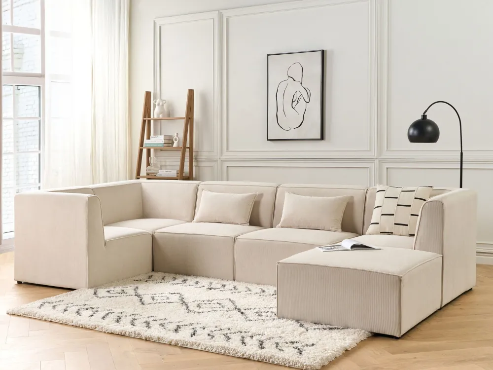 Right Hand 5 Seater Modular Jumbo Cord Corner Sofa Ottoman Cor creme LEMVIG