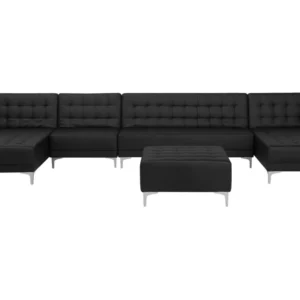 6 Seater U-Shaped Modular Faux Pele Sofa Ottoman Black ABERDEEN