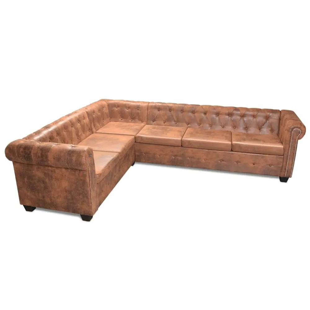 Sofá de canto Chesterfield 6 lugares couro artificial castanho com Revestimento em Textilene