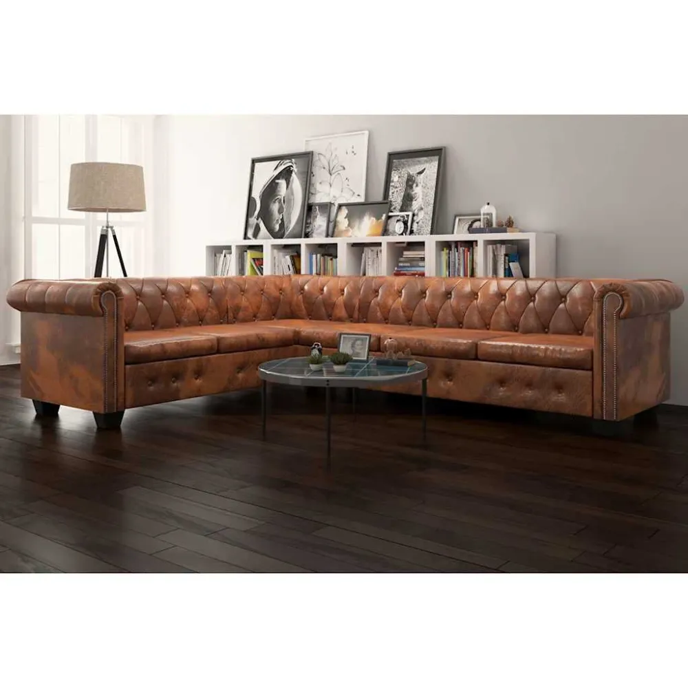 Sofá de canto Chesterfield 6 lugares couro artificial castanho com Revestimento em Textilene