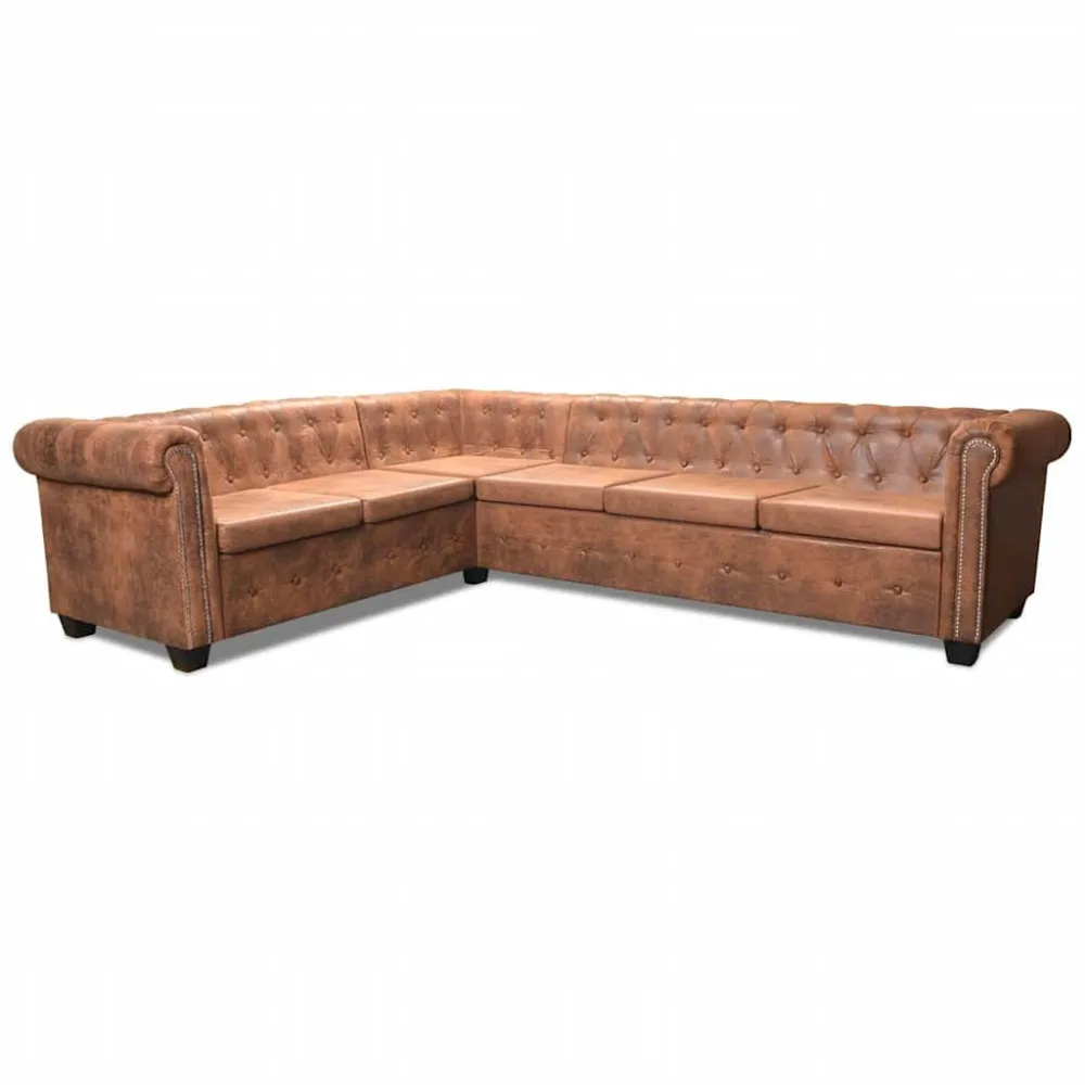Sofá de canto Chesterfield 6 lugares couro artificial castanho com Revestimento em Textilene