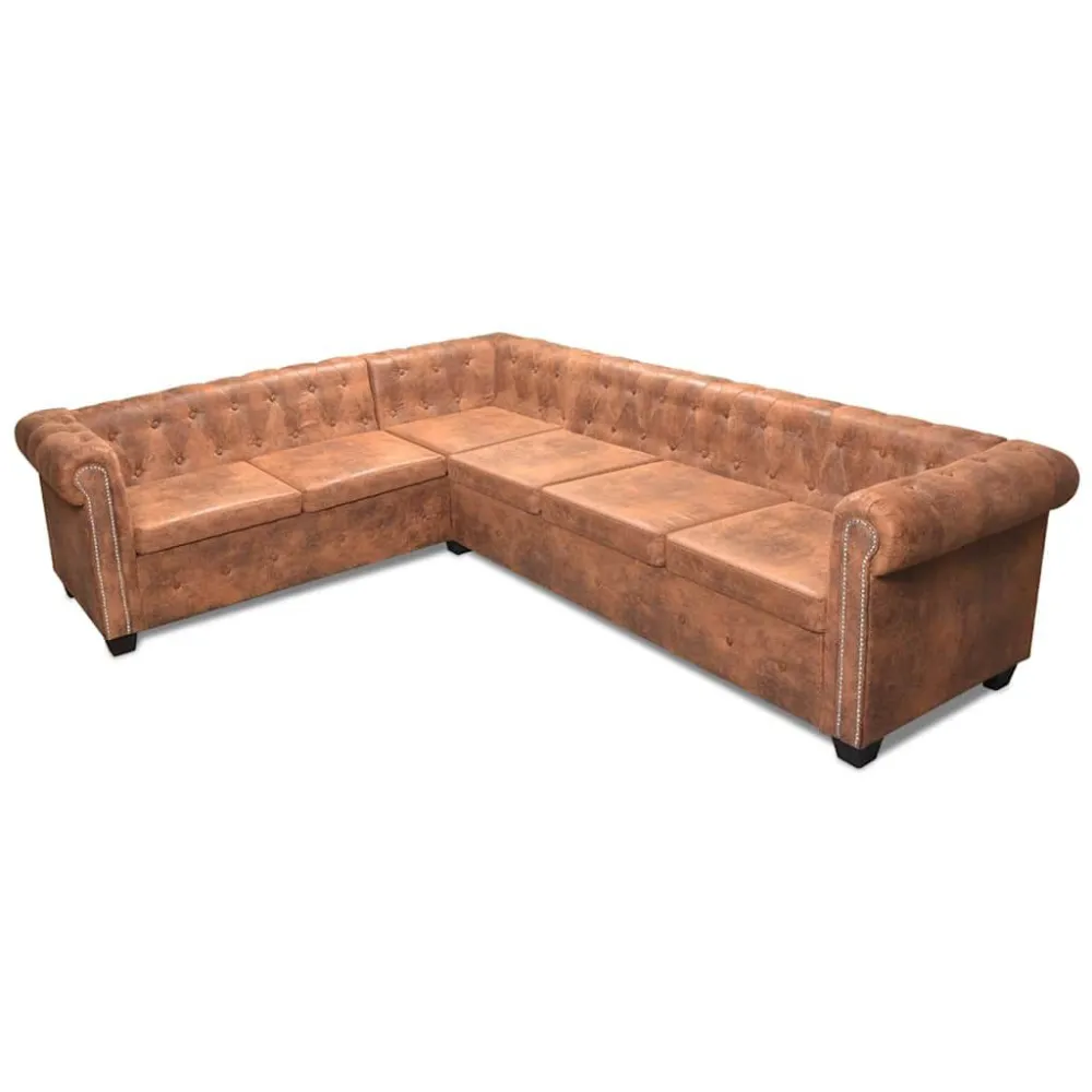 Sofá de canto Chesterfield 6 lugares couro artificial castanho com Revestimento em Textilene