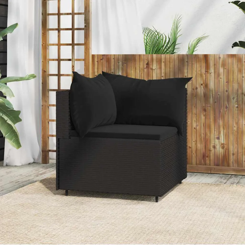 Sofá de canto para jardim com almofadões vime PE preto em Ferro Forjado