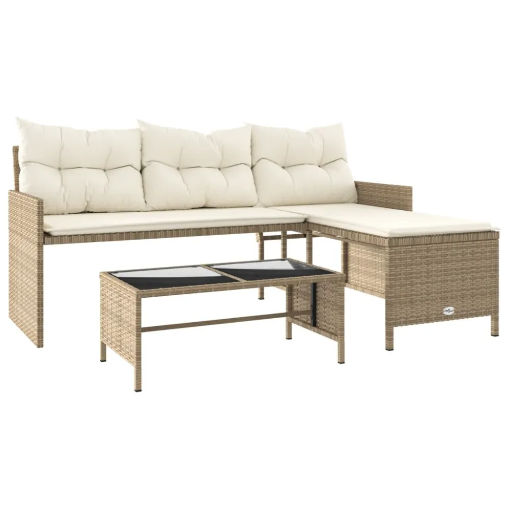 Sofá de jardim forma de L com mesa e almofadões vime PE bege Dobrável e Portátil