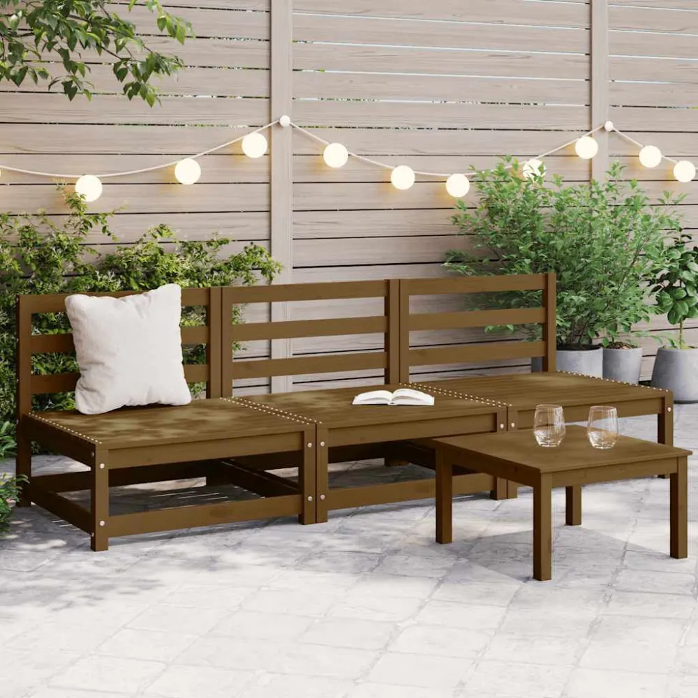 Sofás de centro para jardim 3 pcs pinho maciço castanho mel em Tecido Sunbrella