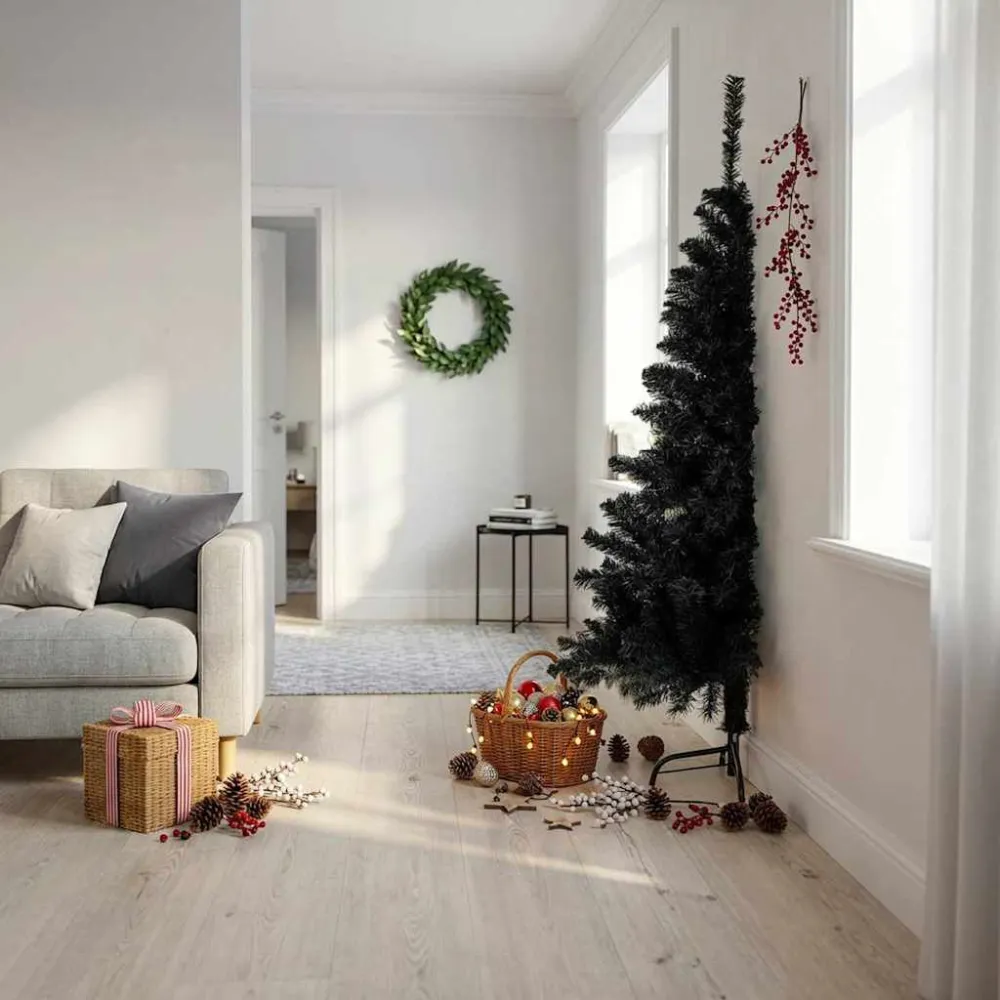 Meia árvore de Natal artificial com suporte 180 cm PVC preto Kit com 4 Peças