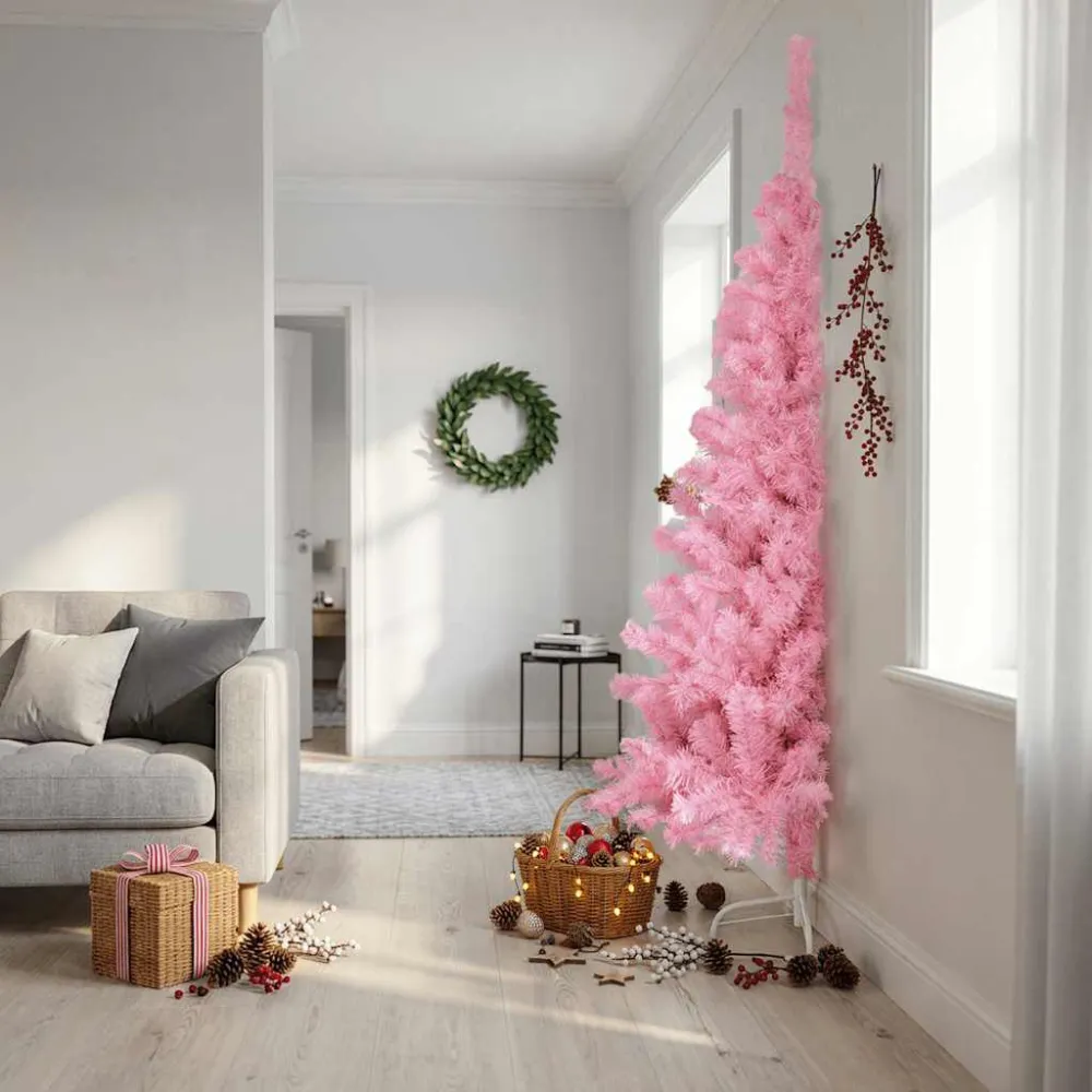 Meia árvore de Natal artificial com suporte 240 cm PVC rosa para Lareira
