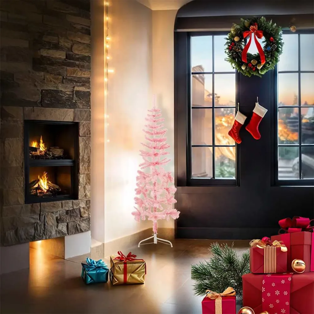 Meia árvore de Natal fina com suporte 120 cm rosa Lavável na Máquina