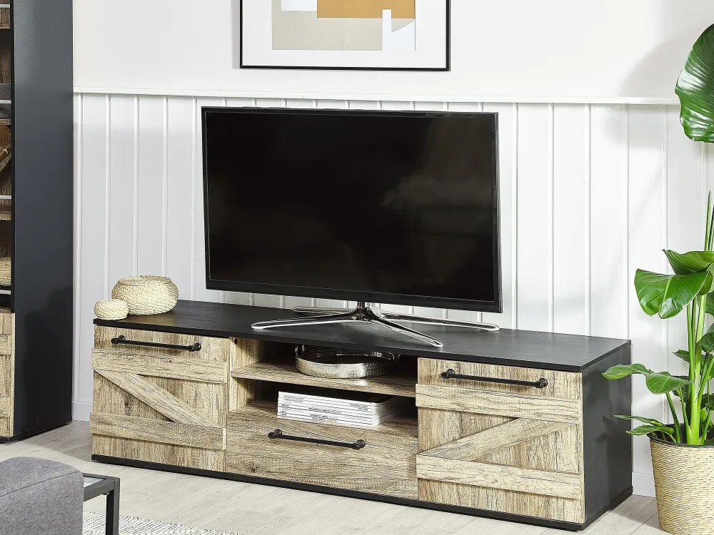 Mesa de Poker Móvel de TV com 1 gaveta e 2 portas em madeira clara e preto SALTER