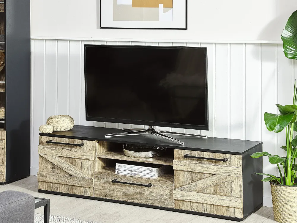 Mesa de Poker Móvel de TV com 1 gaveta e 2 portas em madeira clara e preto SALTER