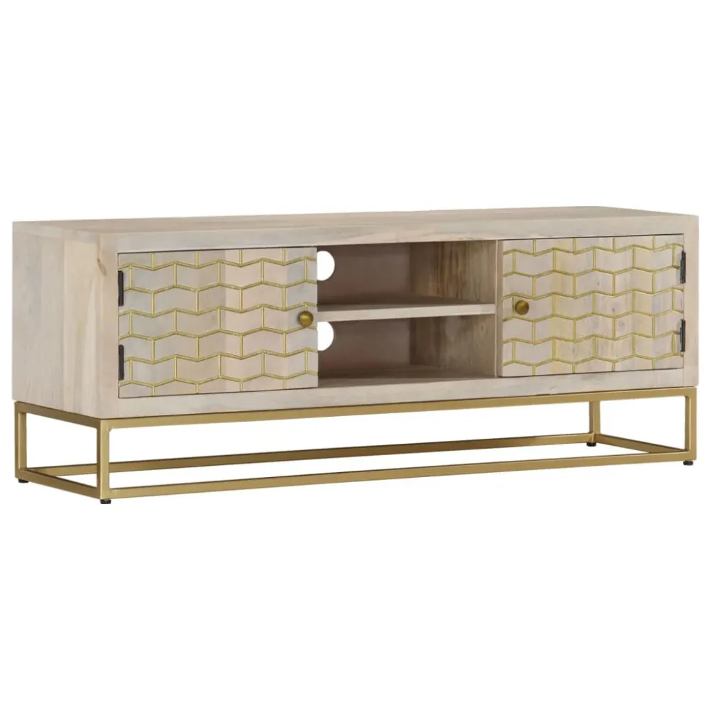 Móvel de TV 110x30x40 cm madeira de mangueira maciç branqueada com Suporte para Headset