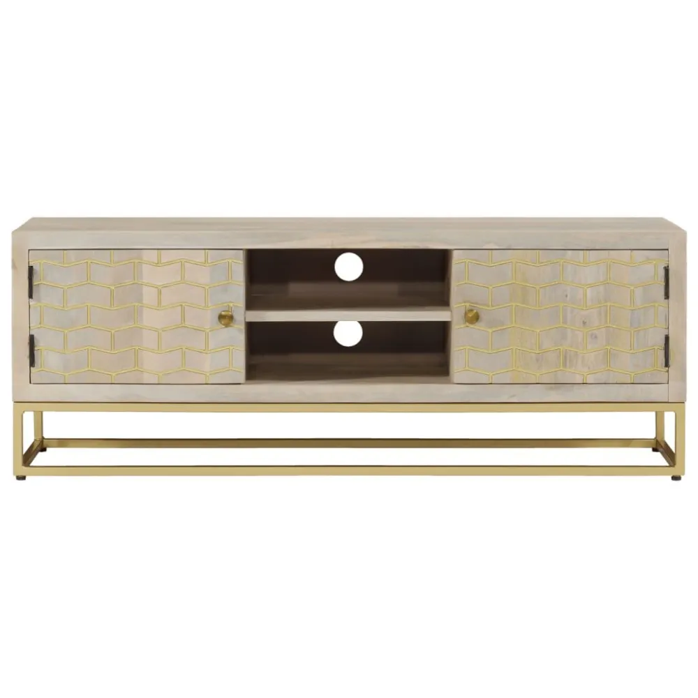Móvel de TV 110x30x40 cm madeira de mangueira maciç branqueada com Suporte para Headset